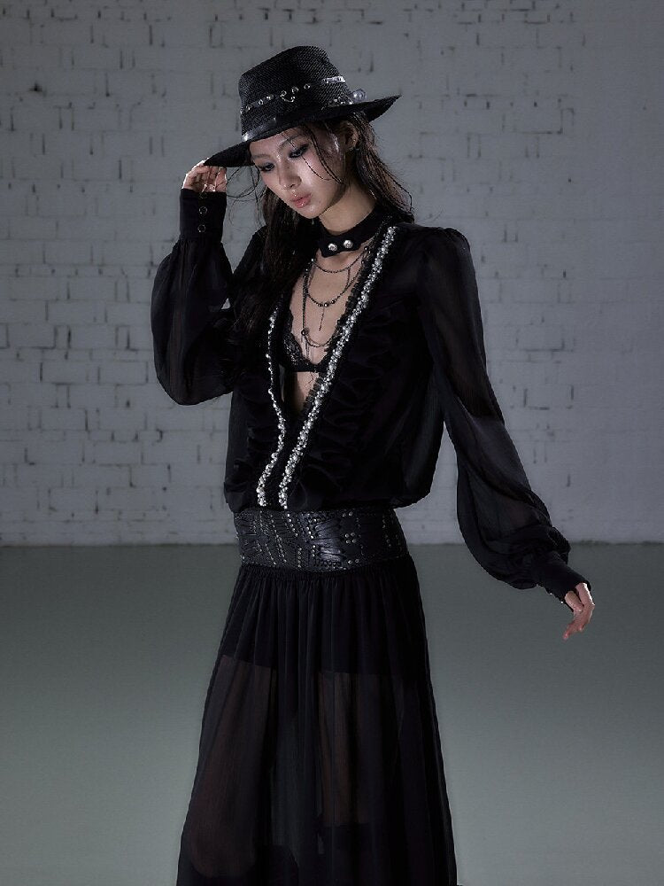 Shirring Deep V Chiffon Dress【s0000015932】