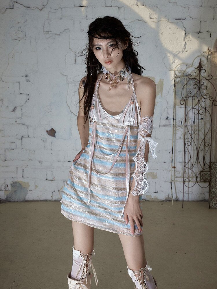 Baroque Sequin Satin Halter Dress【s0000017239】