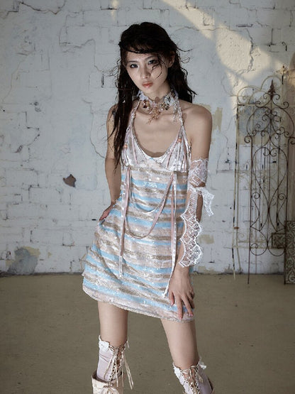 Baroque Sequin Satin Halter Dress【s0000017239】