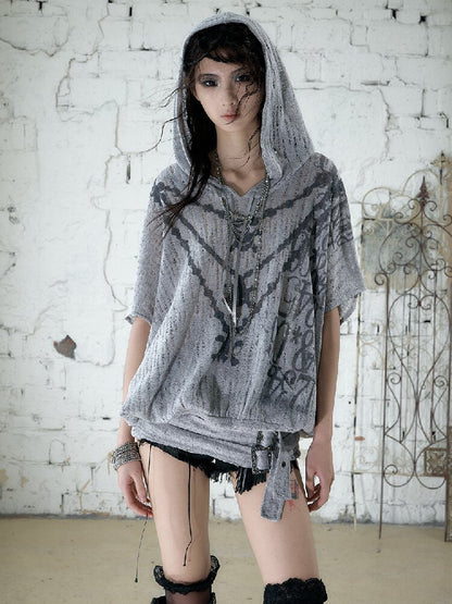 Ripped Knit Hooded Short Smock T Shirt【s0000016993】