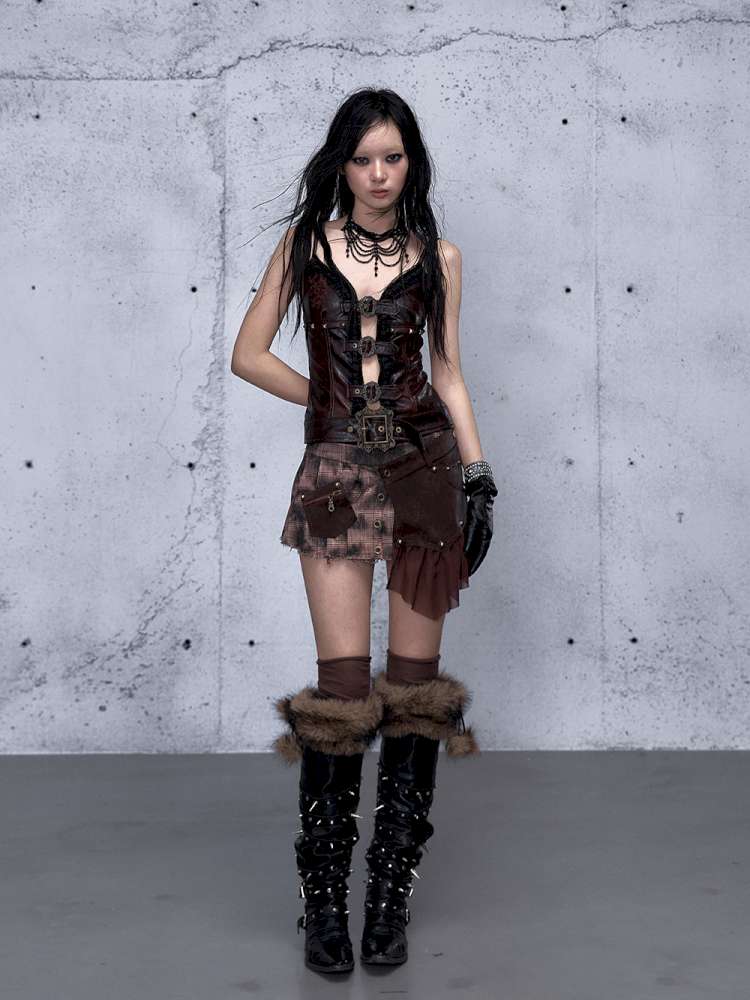 Dark Court Openwork Lace Leather Camisole【s0000014920】