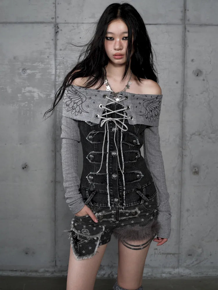 Rhinestone Off-Shoulder Long-Sleeve T-Shirt【s0000014118】