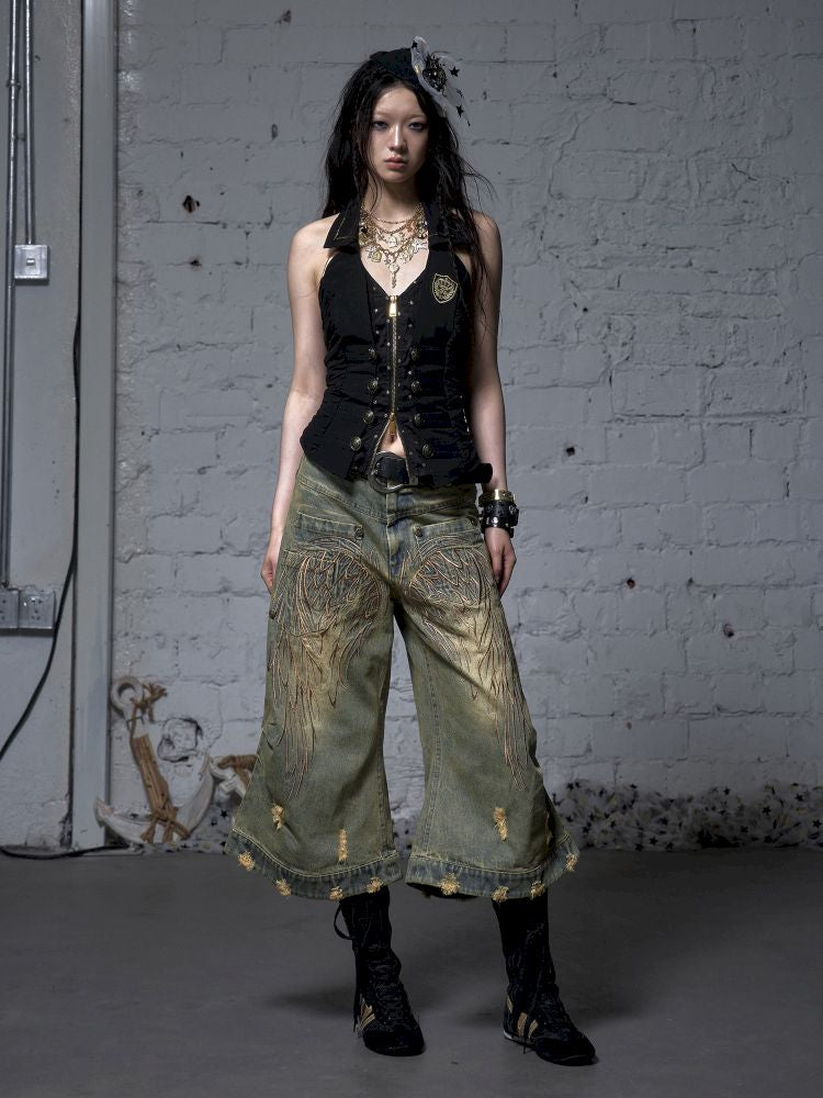 Wide-leg denim cropped pants【s0000012800】