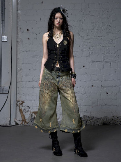 Wide-leg denim cropped pants【s0000012800】