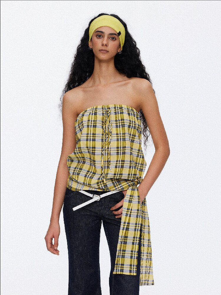 Striped Plaid Lace Up Bandeau Top【s0000015924】