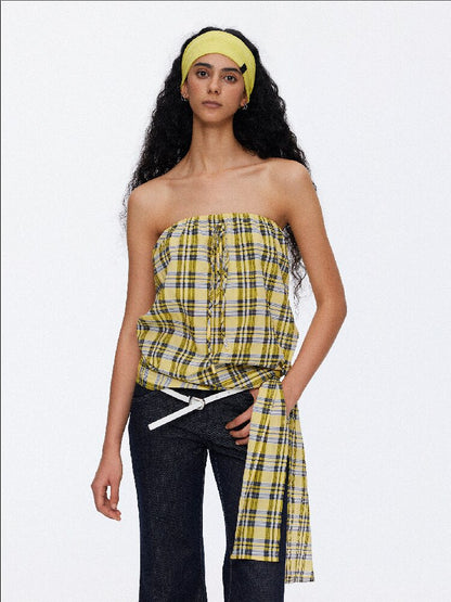 Striped Plaid Lace Up Bandeau Top【s0000015924】