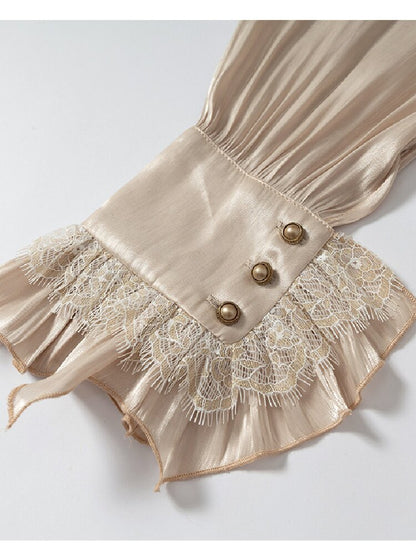 Ruffled Lace Satin Silk Shirt【s0000019157】