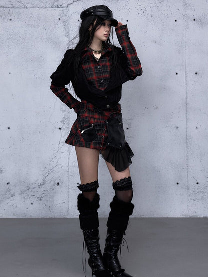 Plaid Stitching Leather Skirt【s0000015546】