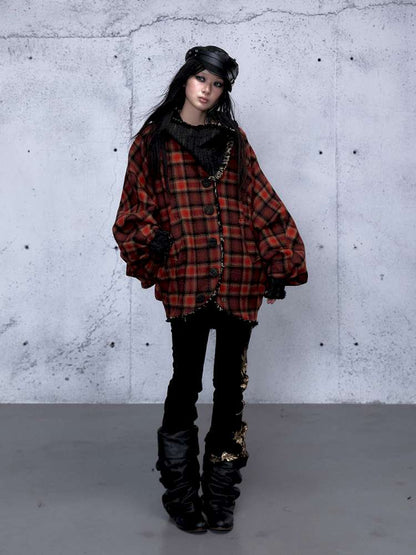 Punk Plaid Denim Bat Woolen Coat【s0000014929】