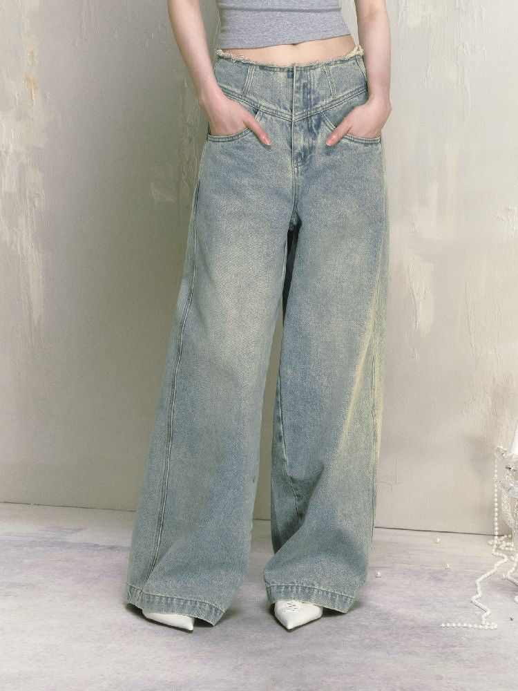 Wide-leg broken holes micro-laundry jeans【s0000012140】