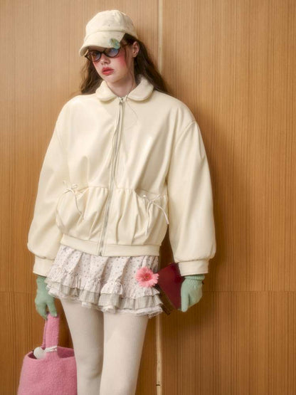 Cream Leather Doll Collar Leather Jacket【s0000014885】