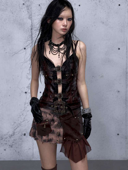 Dark Court Openwork Lace Leather Camisole【s0000014920】