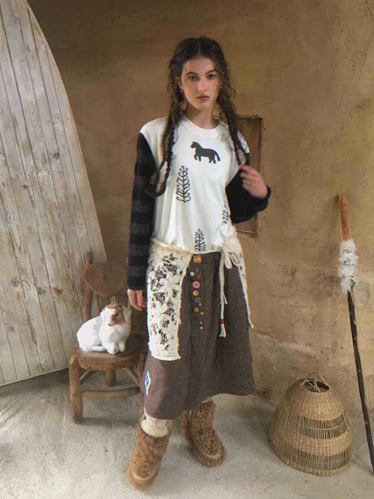 Striped Patchwork Pony Print T-Shirt【s0000014899】