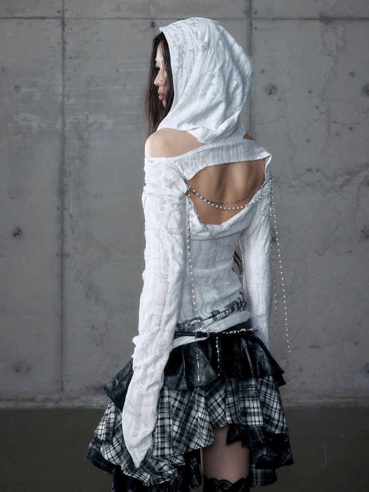 Backless Hooded Long Sleeve Bottom Top【s0000013469】