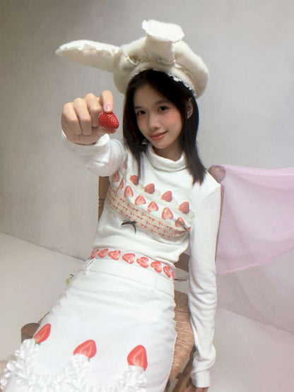 Strawberry Cake Print High-Neck T-Shirt【s0000014530】