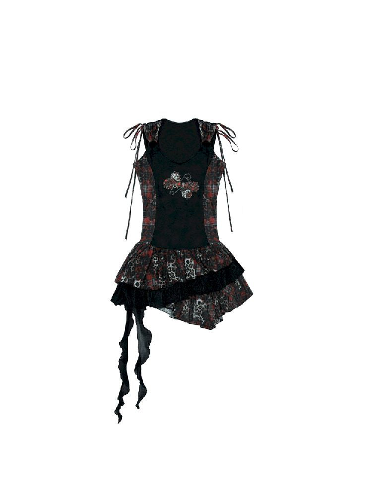 Leopard Print Rhinestone Knitted Mesh Stretch Splicing Dress [S0000009379]