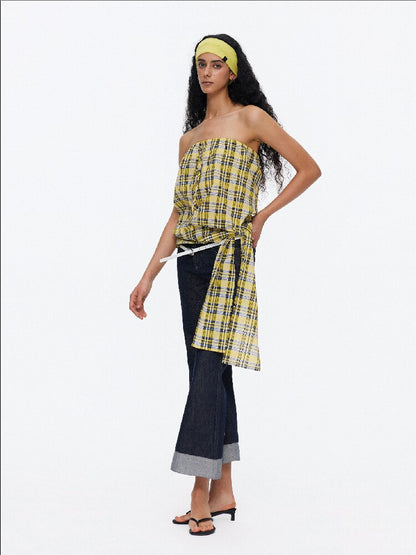Striped Plaid Lace Up Bandeau Top【s0000015924】