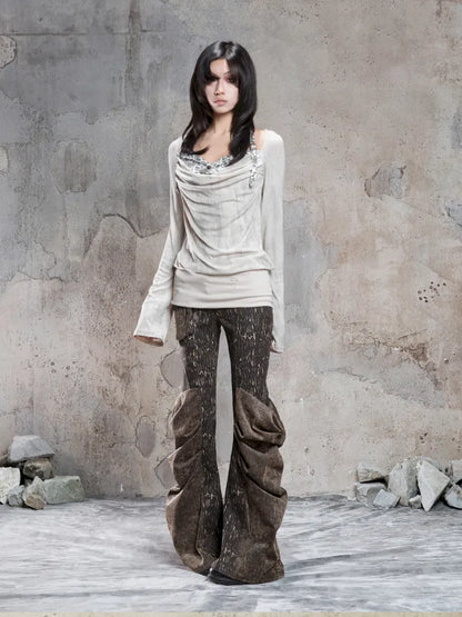 Pleated Accents Stylish Slim-Fit Long Flared Pants【s0000014130】