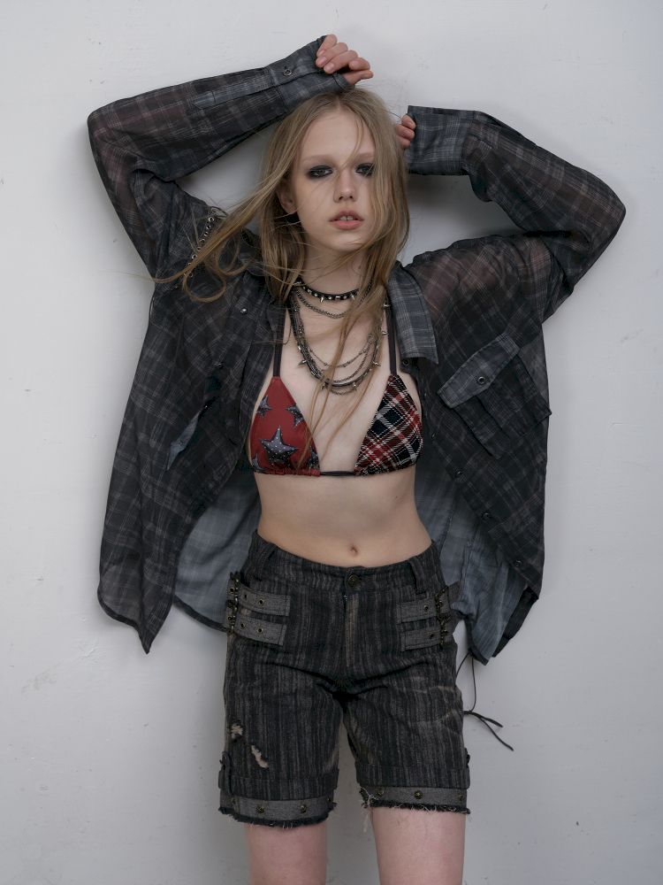 Polka dot plaid sun loose shirt【s0000012622】