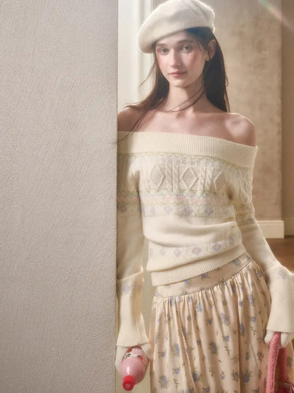 Fresh and Soft Cotton Sweater, Scarf, Floral Skirt【s0000014323】