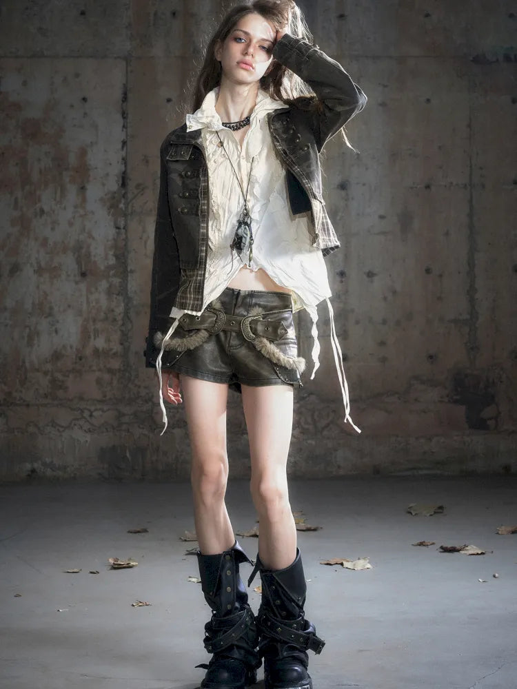 Drawstring Black-Gray Checkered Shir【s0000013959】