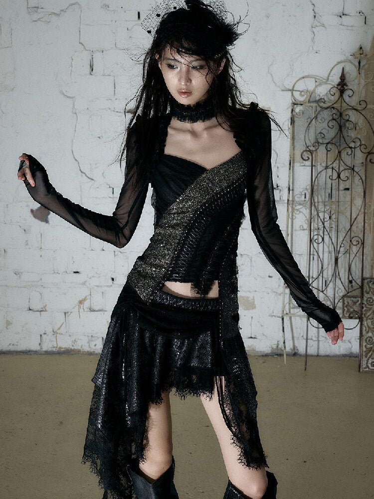 Sequin Webbing Mesh Long Sleeve Top【s0000016984】