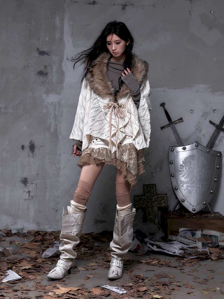 Knit Fur Collar Shawl Cape【s0000014659】