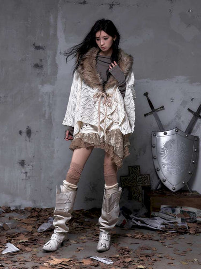 Knit Fur Collar Shawl Cape【s0000014659】