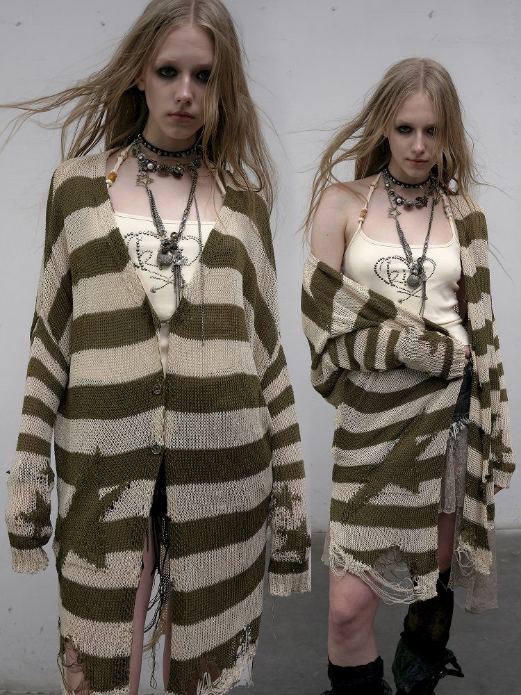 Striped knit loose bat-sleeve sunscreen hoodie【s0000012319】