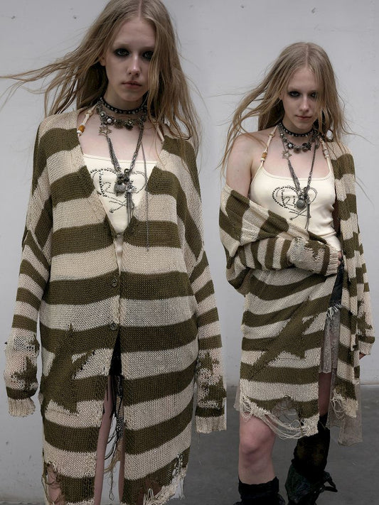 Striped knit loose bat-sleeve sunscreen hoodie【s0000012319】
