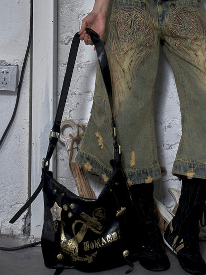 Gold foil print heavy-duty leather shoulder bag【s0000012778】