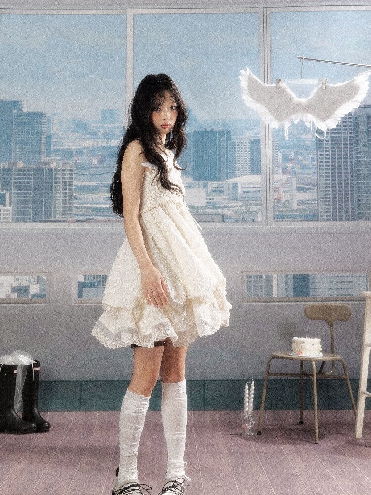 Shirred Lace White Texture Dress【s0000016278】