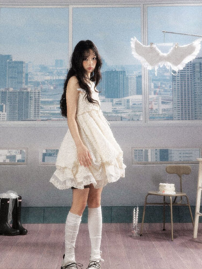 Shirred Lace White Texture Dress【s0000016278】