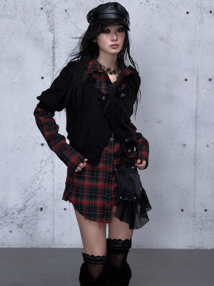 Check Knit Fake Two Piece Shirt【s0000015547】