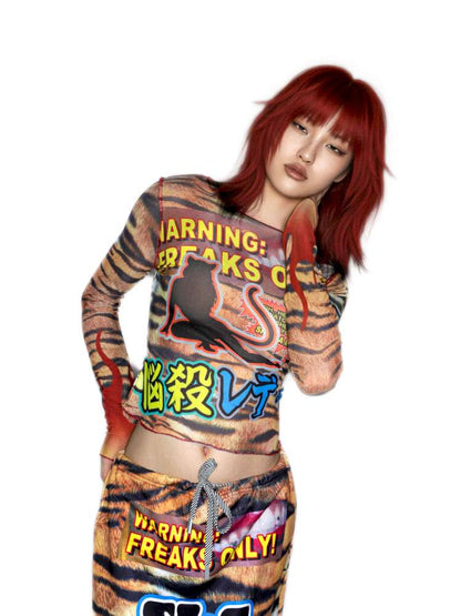 Y2K Millennium Print Long Sleeve Mesh Top【s0000014915】