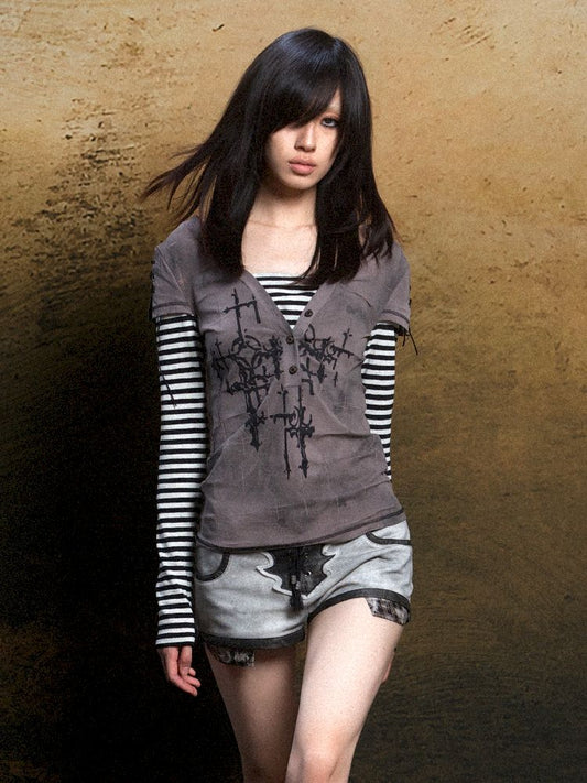 토템 크로스 인쇄 긴 슬리브 티셔츠 [S0000011819]