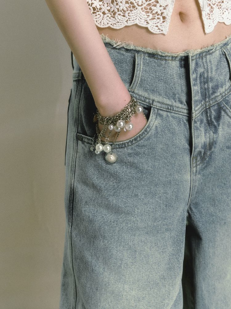 Wide-leg broken holes micro-laundry jeans【s0000012140】