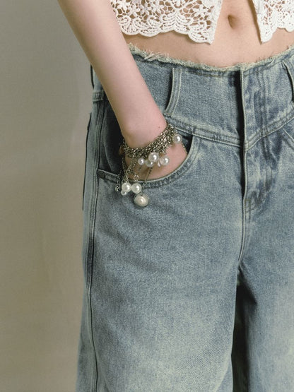 Wide-leg broken holes micro-laundry jeans【s0000012140】