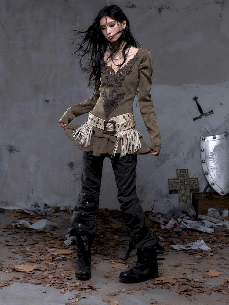 Heavy-Duty Fringe Wide Leather Belt【s0000014476】