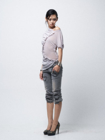 3-Tone Knitted Mesh Pleated T-Shirt【s0000016063】