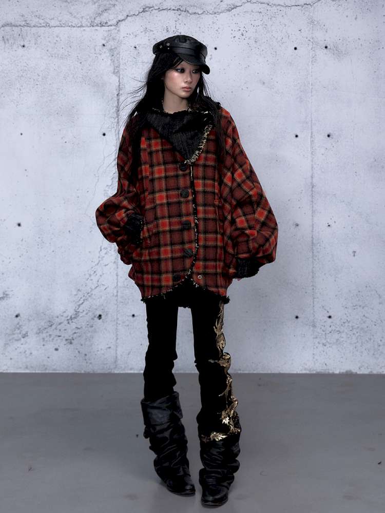 Punk Plaid Denim Bat Woolen Coat【s0000014929】
