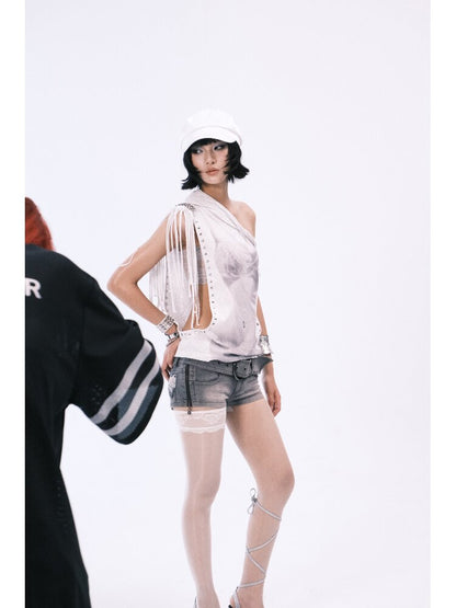 Asymmetrical Collar Fringe Print Set【s0000018475】