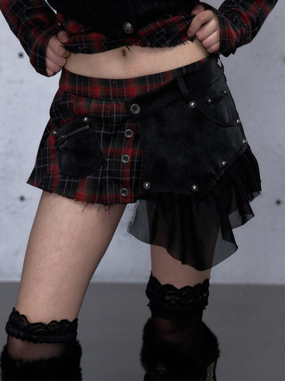 Plaid Stitching Leather Skirt【s0000015546】