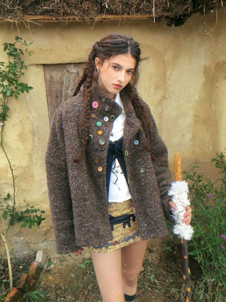Brown Woolen Loose Button Coat【s0000014896】