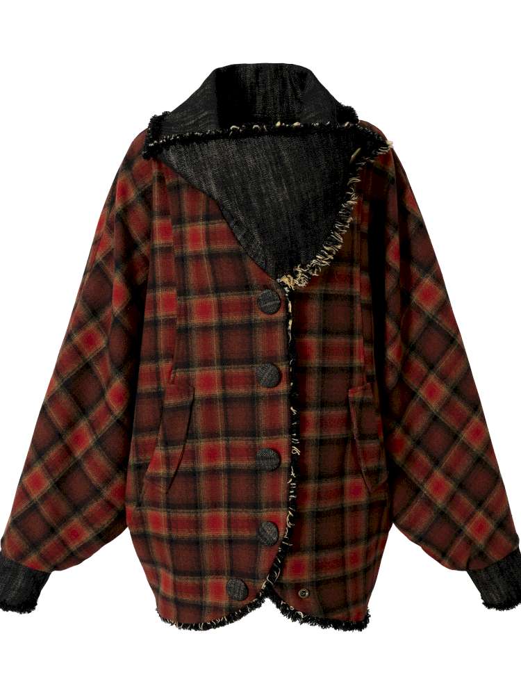 Punk Plaid Denim Bat Woolen Coat【s0000014929】