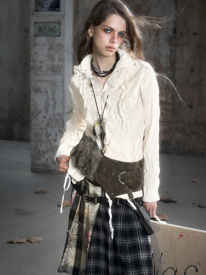 Drawstring Black-Gray Checkered Shir【s0000013959】