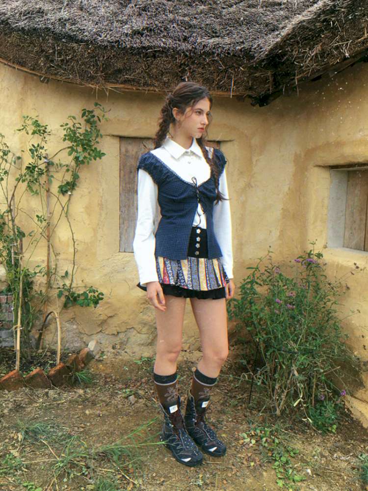 Blue Plaid Polka Dot Long Shirt【s0000014902】