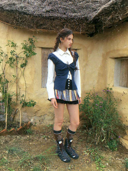 Blue Plaid Polka Dot Long Shirt【s0000014902】