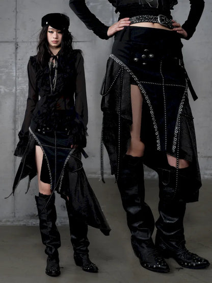 Asymmetric Leather-Satin Skirt【s0000013944】