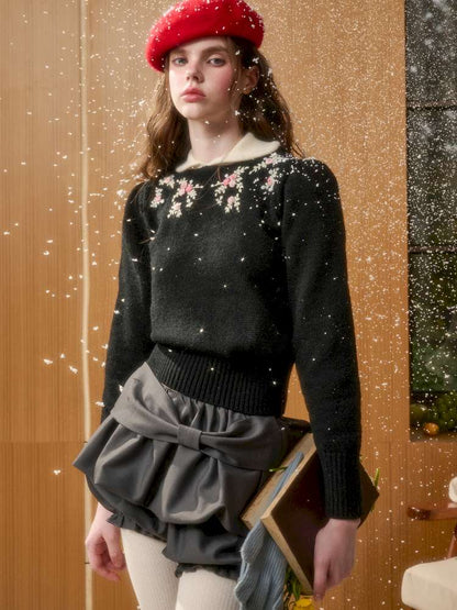 Wool Warm Hand-Embroidered Doll Collar Knit【s0000014893】